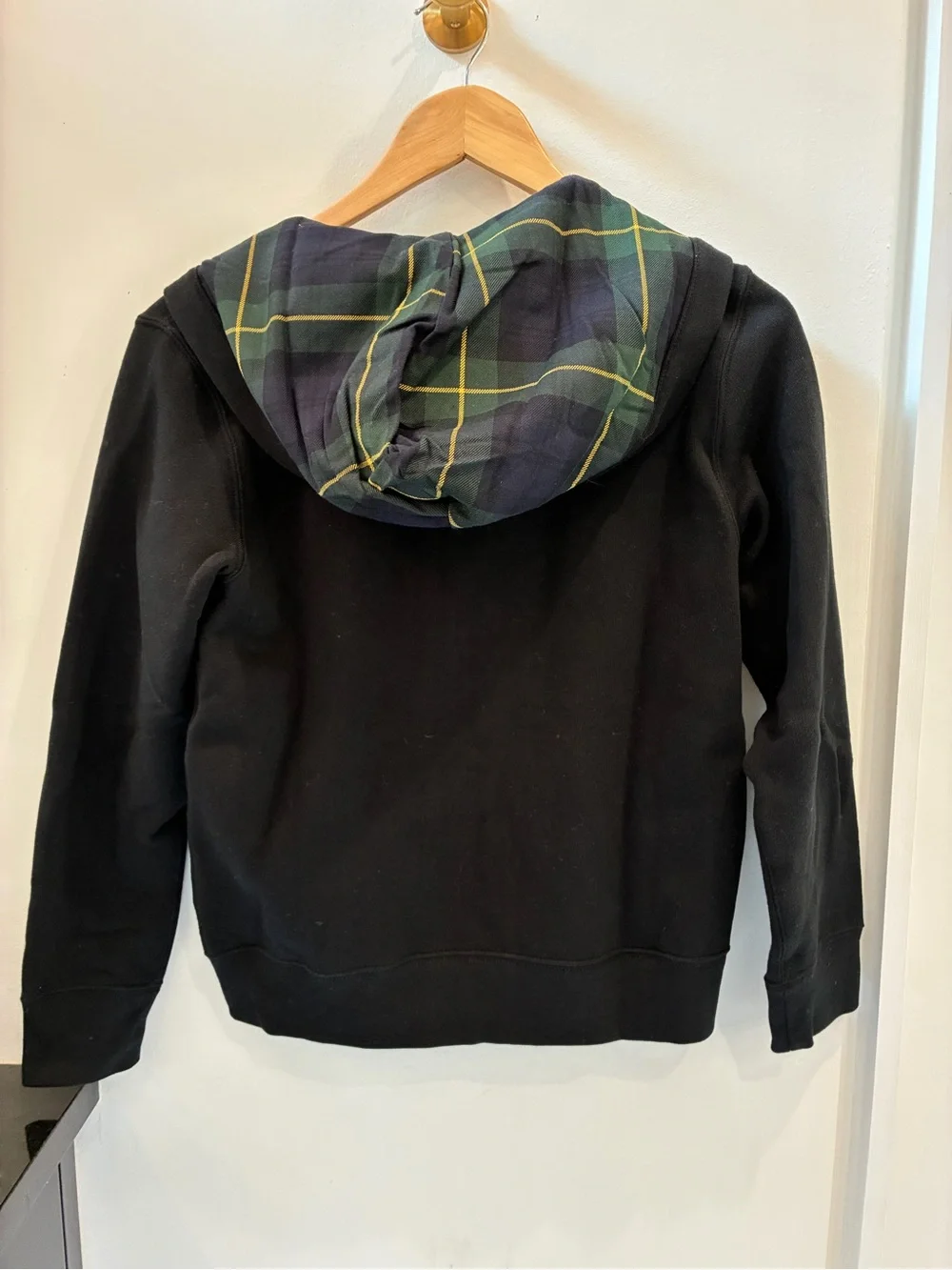 Ralph Lauren Kids Black Zip Hoodie with Yellow Pony and Green Tartan Hood